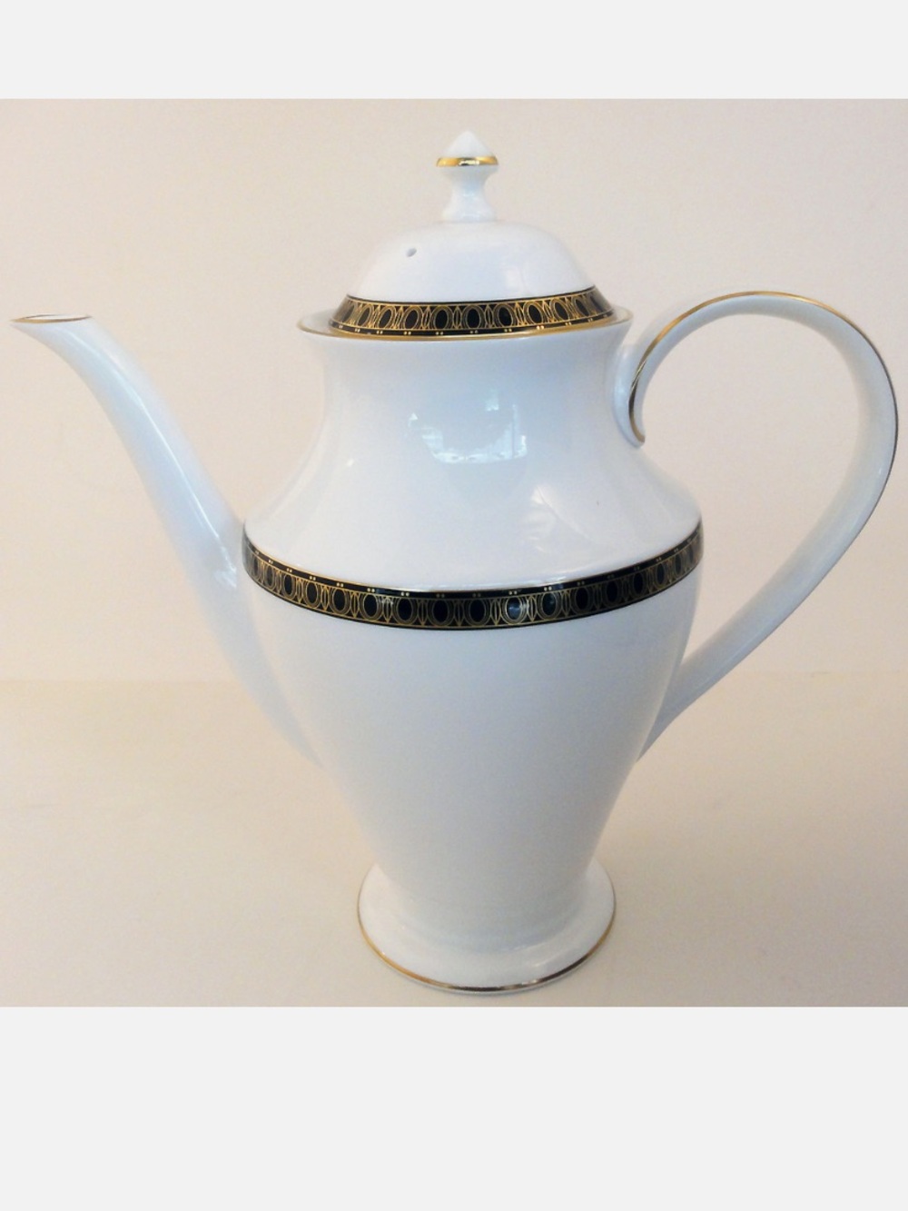 Ashworth White Porcelain Coffee Pot with Black and Gold Trim